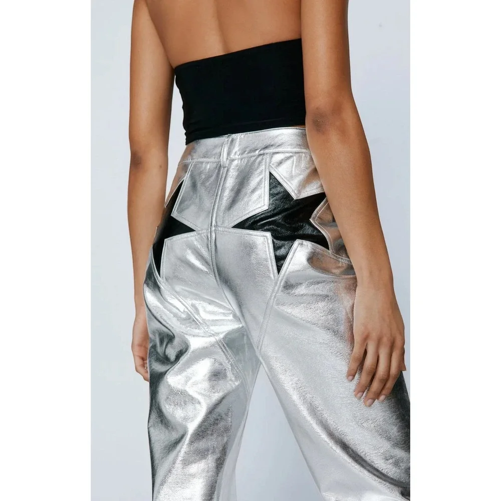 Nasty Gal Silver Metallic‎ Faux Leather Star Bum Patch Western Concert Pants 6